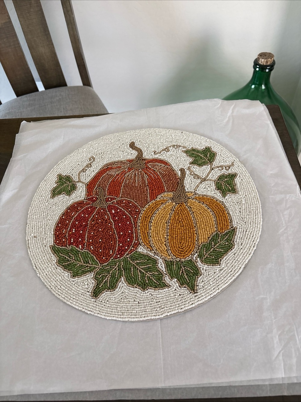 Shabby Chic  Beaded Fall Pumpkins Charger Autumn Placemat*Leaves*Centerpiece